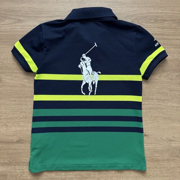 Polo Ralph Lauren Youth Small US Open 2023 Striped Polo Shirt Navy Green Neon - Picture 2 of 9